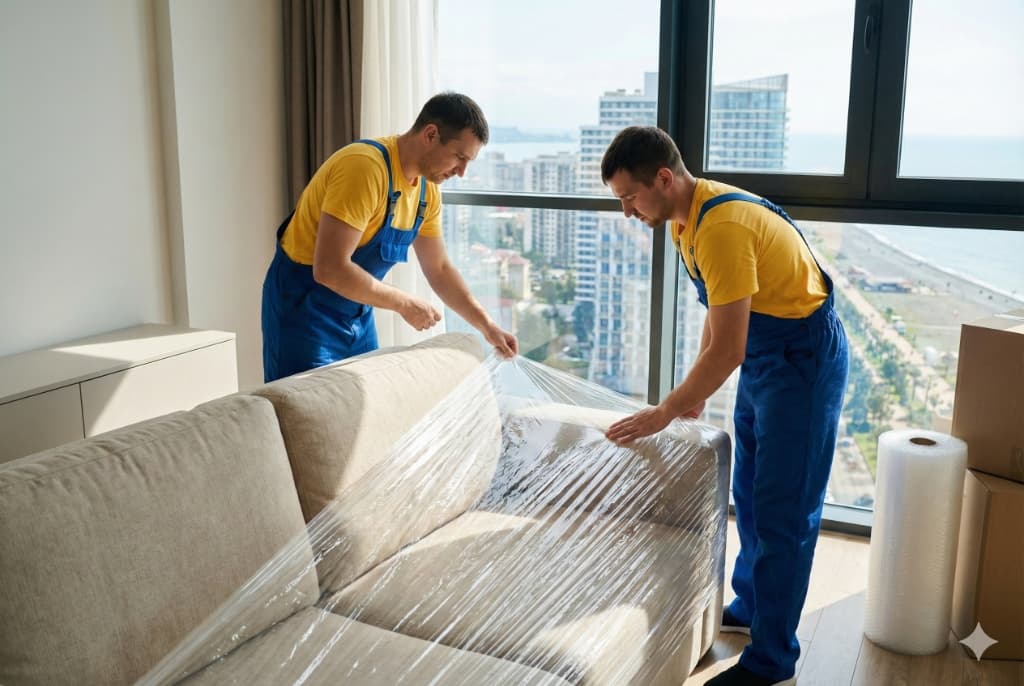 Грузчики упаковывают диван пузырчатой пленкой при квартирном переезде