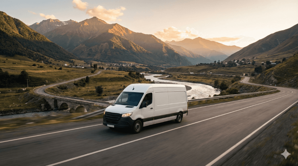 Грузовой фургон едет по горной дороге Грузии