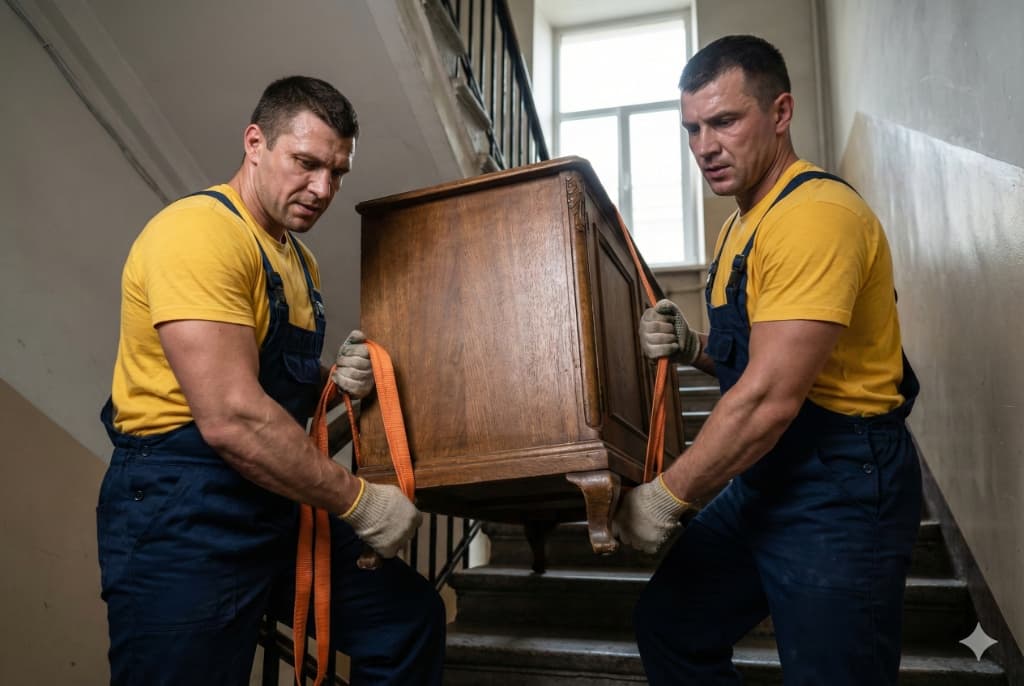 Грузчики несут тяжелую мебель по лестнице