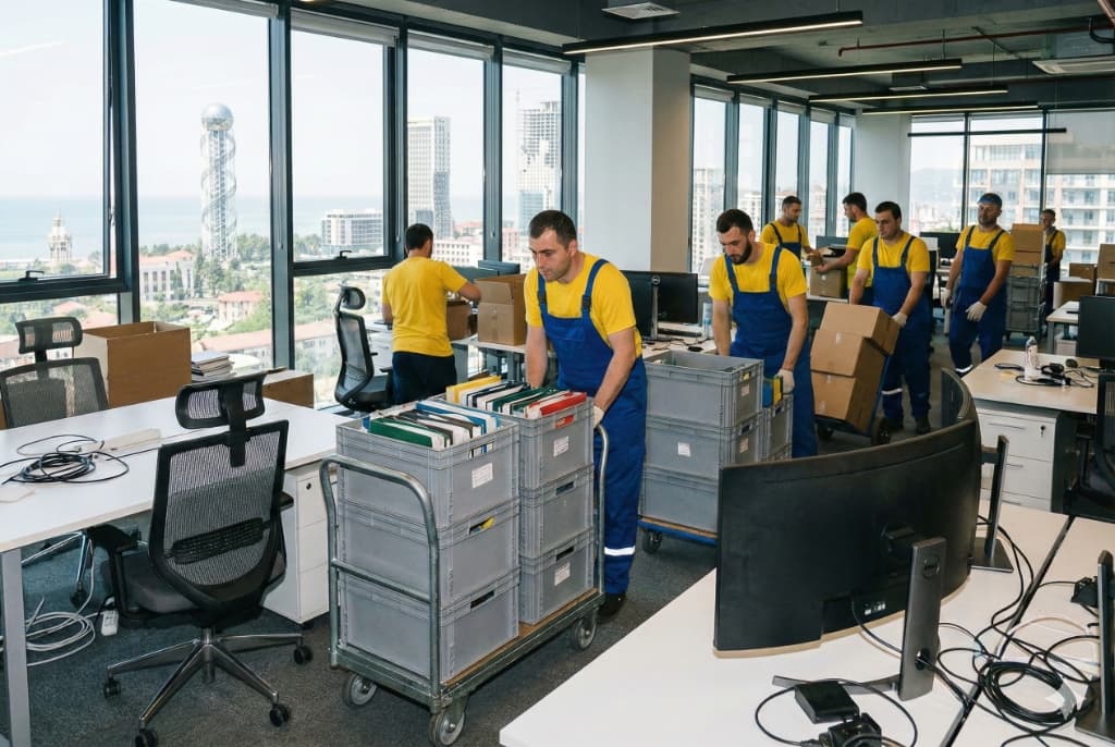 Команда грузчиков переезжает офис с видом на море