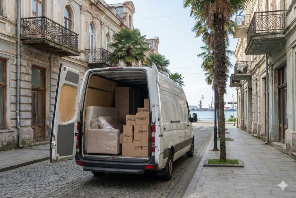 Белый спринтер с открытыми дверями и мебелью внутри